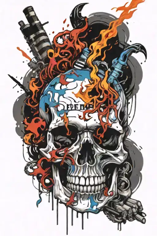 Black And Blue Flames And Skull And Cigarete