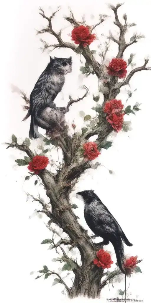 Crooked Looking Tree Wich Gnarled Branches With A Cheshire Cat Perched Among Roses