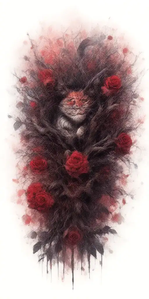 Crooked Looking Tree Wich Gnarled Branches With A Cheshire Cat On A Branch Among Roses