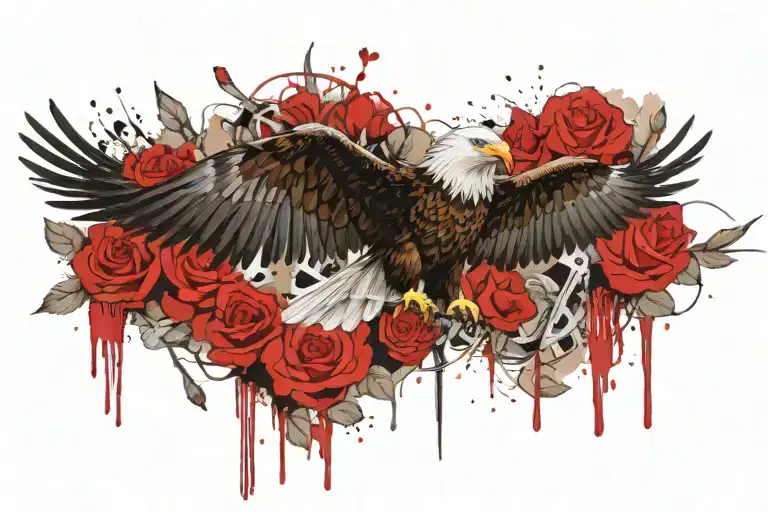 Eagles In Flight With Roses And A Sword Covered By Roses