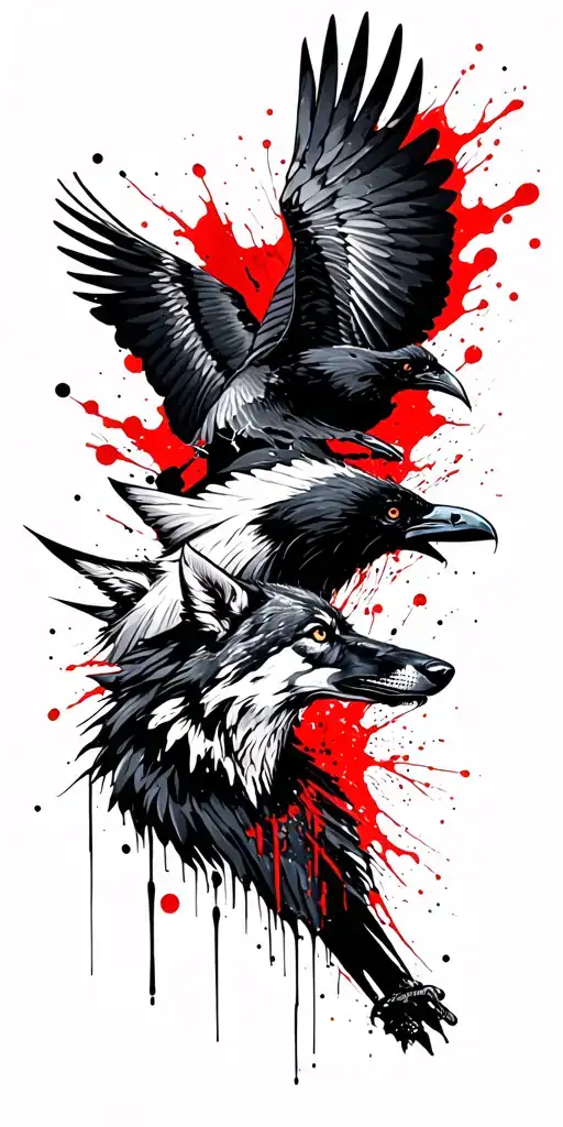 Flying Raven And Wolf