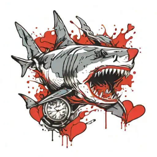 Shark Jumping Out Of Water With A Hand Bursting Out It's Mouth Holding A Heart