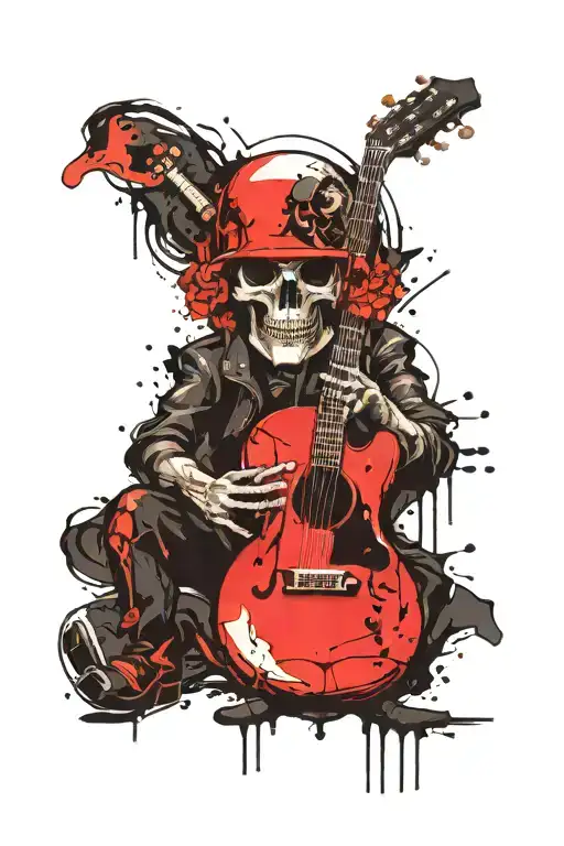 Skull And Guitar And Chopper Motorcyle Rider Tatto