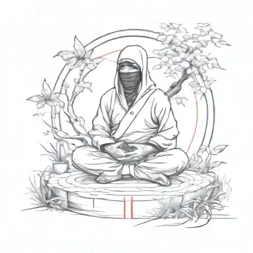 A Sketch Tattoo Of A Ninja Meditating In A Peaceful Garden Surrounded By Classical Music Notes