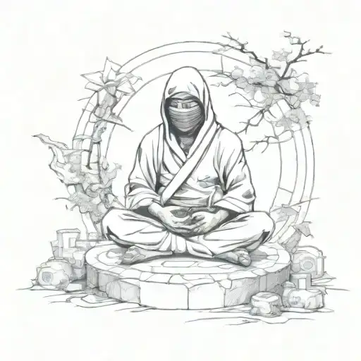 A Sketch Tattoo Of A Ninja Meditating Facing The Setting Sun