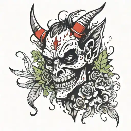 A Sad Devil Emoji Smoking Weed With Little Heartbroken Emoji Flying Around Its Horn