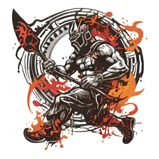 Warrior Swinging A Paddle With Fire Background Black And White