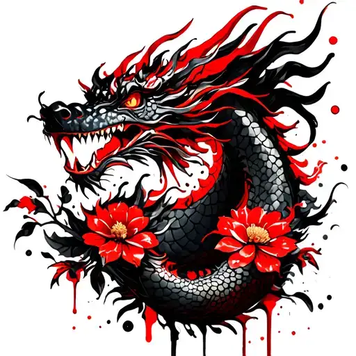 Japanese Style Dragon With Flowers At Bottom Part