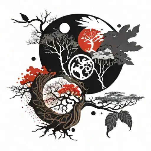 Ying Yang And The Tree Of Life Half Dry Half With Leaves