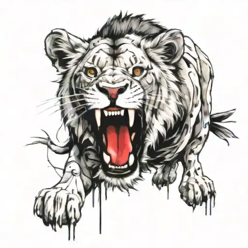 Lion Eating Its Prey In Mouth Open