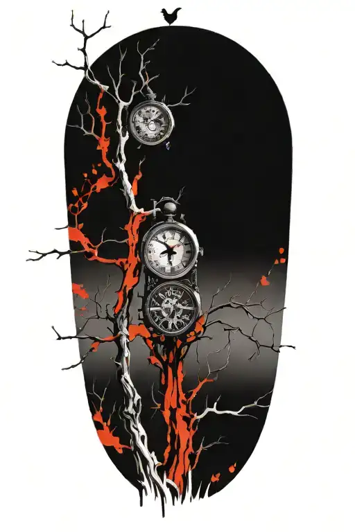 Oak Tree Branches With Three Clocks Integrated Into It For An Arm Sleeve