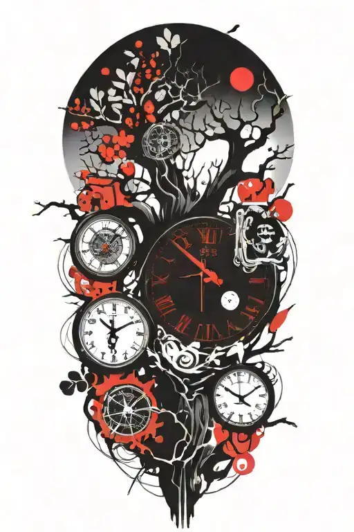 Oak Tree Branches With Three Round Clocks Integrated Into It For An Arm Sleeve