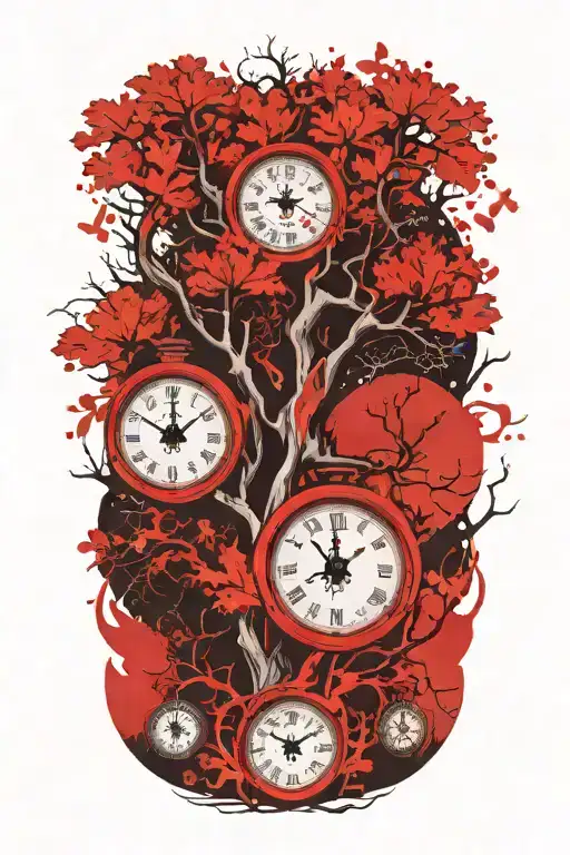Oak Tree Branches With Three Clocks Integrated Into It For An Arm Sleeve