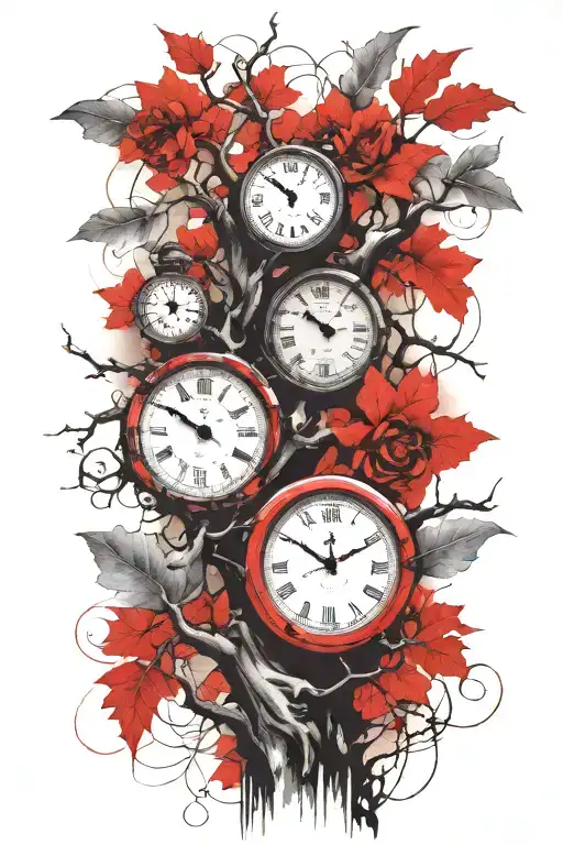 Oak Tree Branches With Three Clocks Integrated Into It For An Arm Sleeve