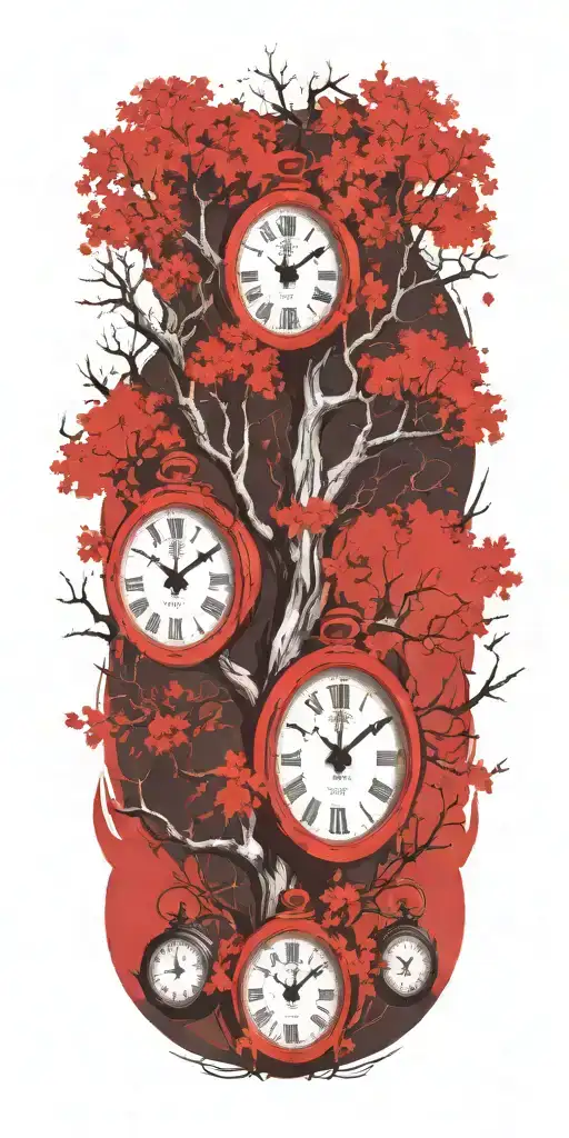 Oak Tree Branches With Three Clocks Integrated Into It For An Arm Sleeve