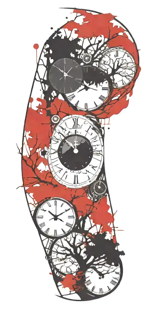 Oak Tree Branches With Three Clocks Integrated Into It For An Arm Sleeve