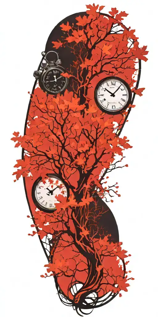 Oak Tree Branches With Three Clocks Integrated Into It For An Arm Sleeve