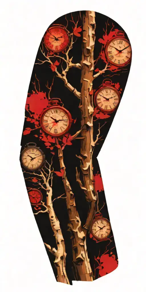 Birch Tree Branches With Three Clocks Integrated Into It For An Arm Sleeve