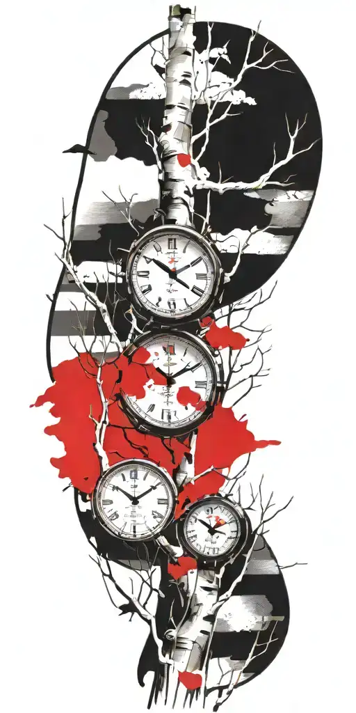 Birch Tree Branches With Three Clocks Integrated Into It For An Arm Sleeve