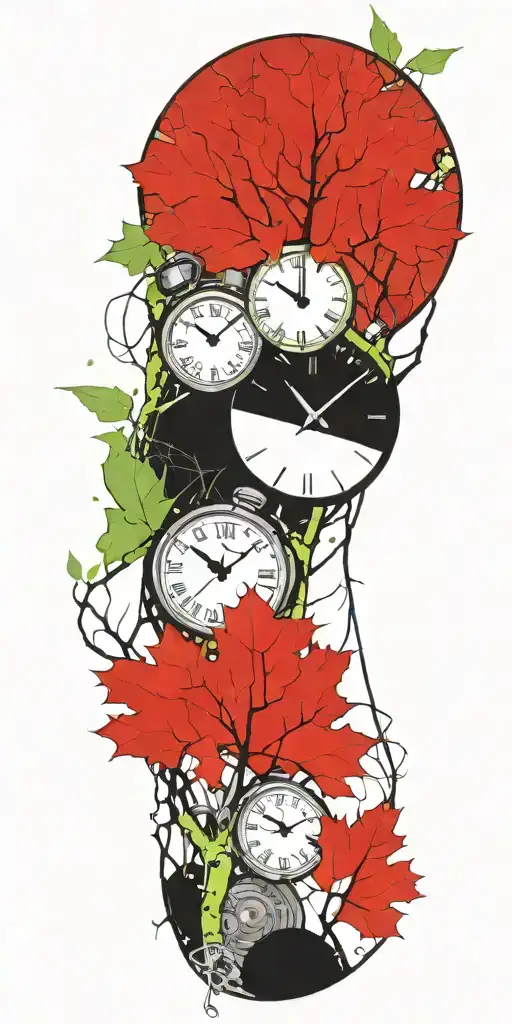 Birch Tree Branches And Green Leaves With Three Clocks Integrated Into It For An Arm Sleeve