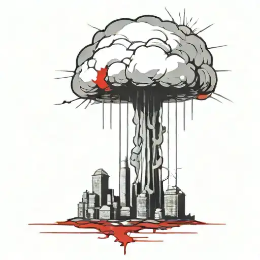 An Abstract Nuclear Explosion Mushroom Cloud Destroying A City In An Abstract Black Line Frame