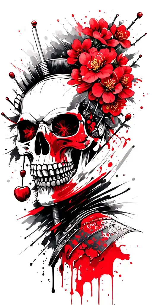 Samurai Skull Surrounded By Cherry Blossoms