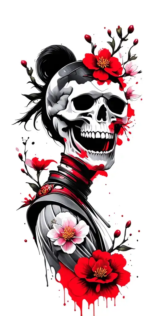 Samurai Skull Surrounded By Cherry Blossoms