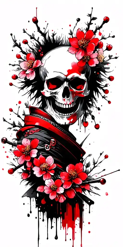 Samurai Skull Surrounded By Cherry Blossoms