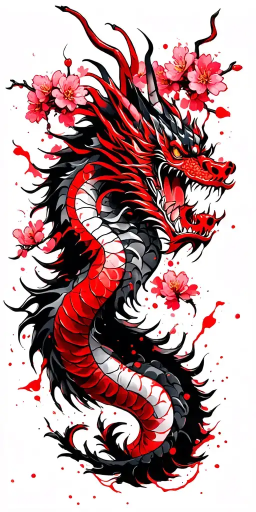 Japanese Dragon Surrounded By Cherry Blossoms