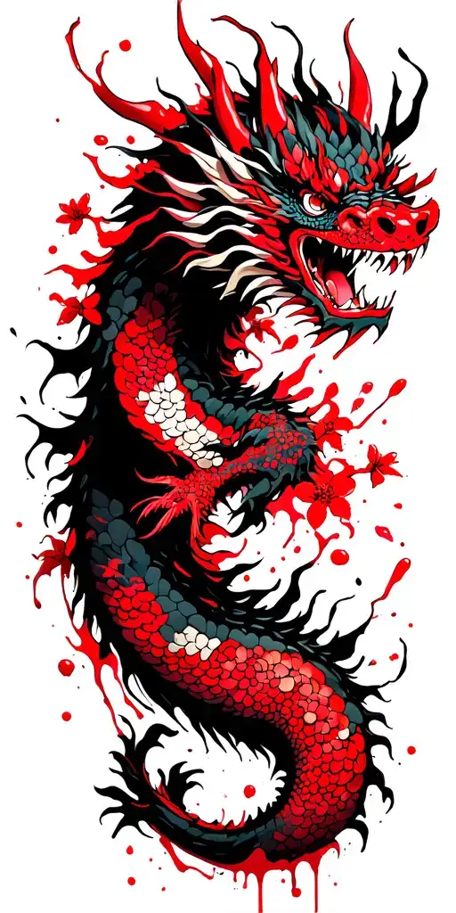 Japanese Dragon Surrounded By Cherry Blossoms