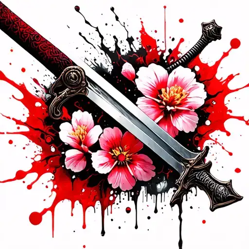 Sakura Flowers Falling Around A Sword