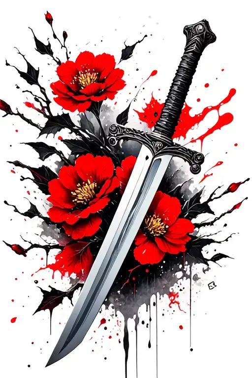 Sakura Flowers Falling Around A Sword