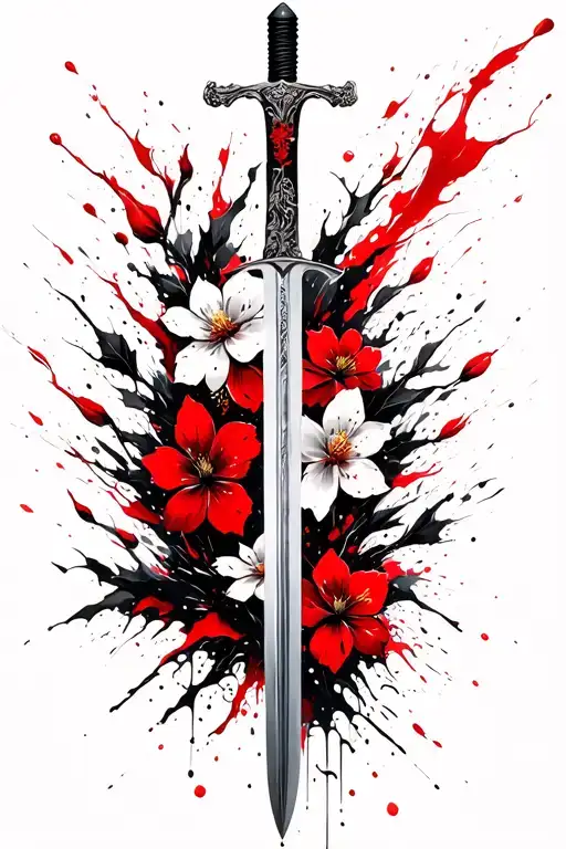 Sakura Flowers Falling Around A Sword