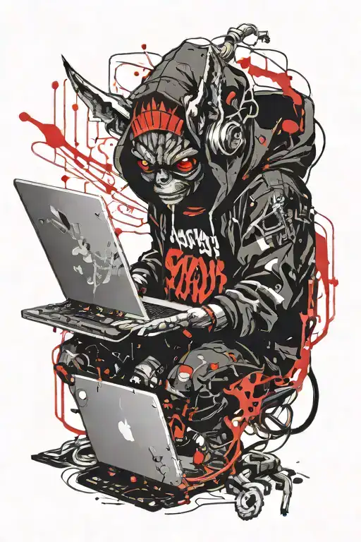 Gremlin Hacker Wearing A Hoodie Using A Laptop Circuit Board
