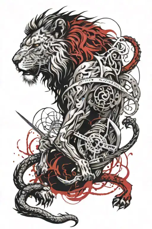 A Lion Holding Sword And A Dragon Wrapped Hand Holding
