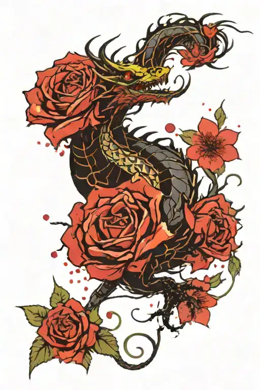 Yellow Red Tipped Rose And Cherry Blossom Dragon Emerging