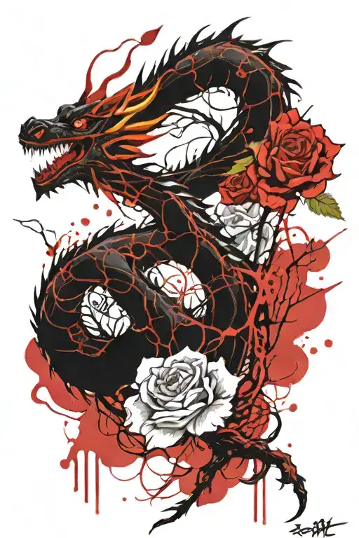 Yellow Red Tipped Rose And Cherry Blossom Dragon