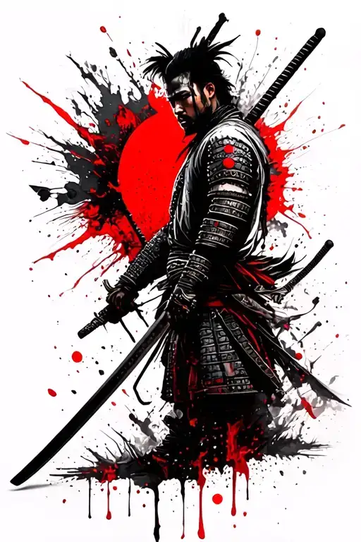 Samurai Guerrero With Katana And Red Sol In The Head