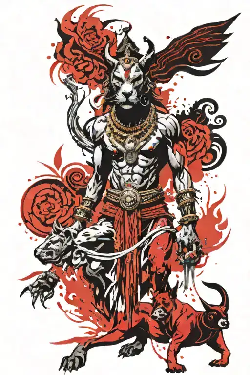 Lord Kaal Bhairav In His Fierce Form Standing In Tribe Attire With Black Great Dane Dog