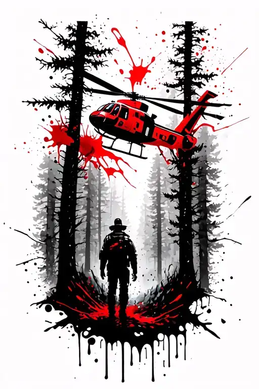 A Silhouette Of A Person In A Forest With A Search And Rescue Helicopter Overhead
