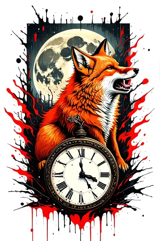 A Ginger Fox Howling At The Moon With The Hands Of A Clock In Burning Forest