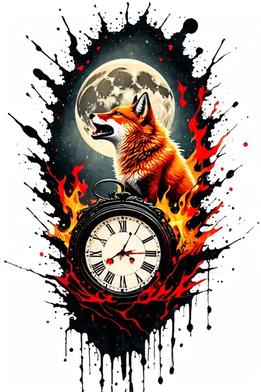 A Ginger Fox Howling At The Moon With The Hands Of A Clock On It In Burning Forest