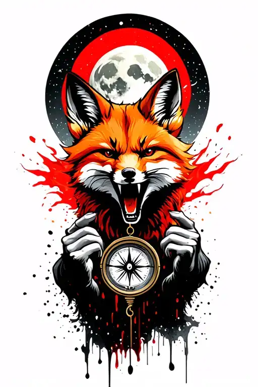 Angry Ginger Fox Howling At The Moon With The Hands Of A Compass On It In Burning Forest
