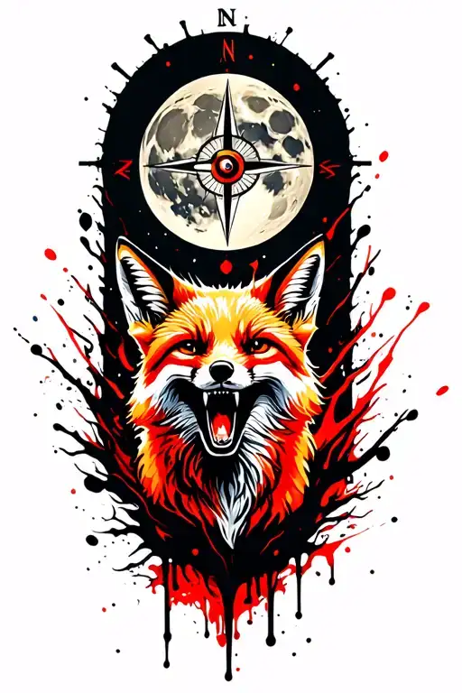 Angry Ginger Fox Howling At The Moon With The Compass On It In Burning Forest