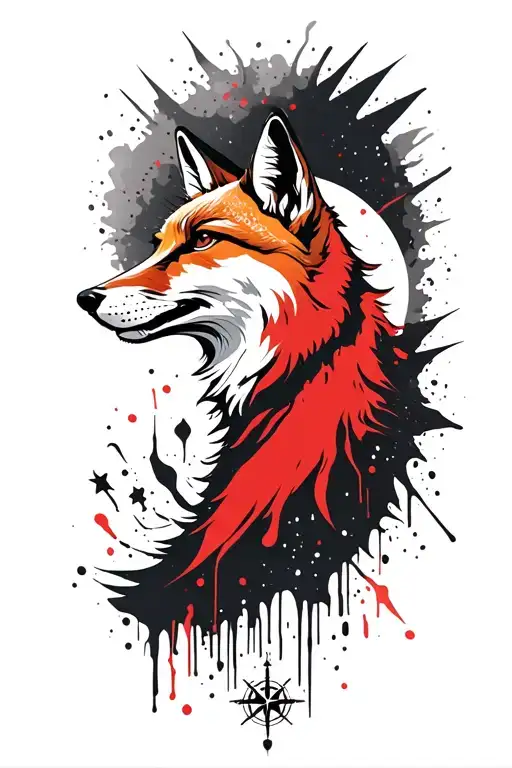 Howling Fox With Belarus Theme With Moon And Compass In Back