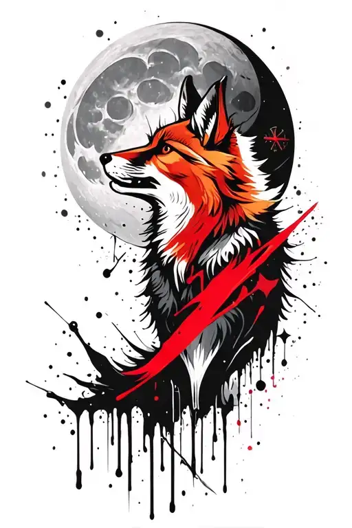 Howling Fox With Belarus Theme With Moon And Compass In Back
