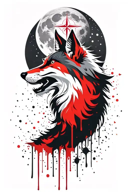 Howling Fox With Belarus Theme With Moon And Compass In Back