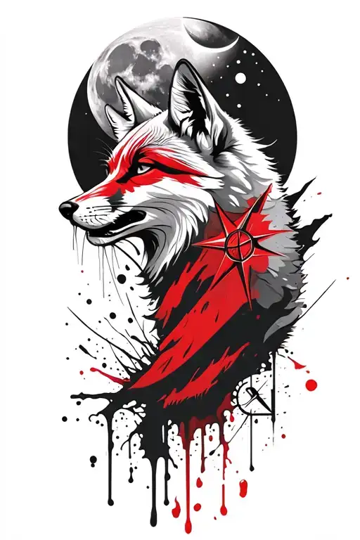 Howling Fox With Belarus Theme With Moon And Compass In Back