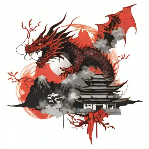 Red Dragon In Sakura Next To It Chinese Temple Red Sun And Mountains With Fog