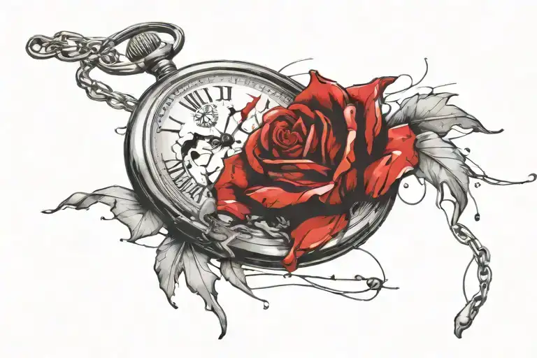 Pocket Watch And A Red Rose With Blood